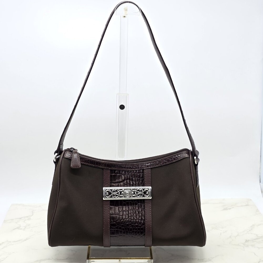 Brighton Shoulder Bag Brown Crocodile Nylon Embossed Leather Trim Purse Zip